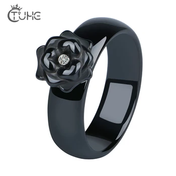 

New Rose Shape Plant Rings Jewelry Black White 6mm Width Ceramic Rings With Big Crystal Elegant Style Wedding Jewelry anillos