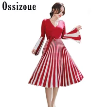 2017 Autumn Winter Knitted Dress Women High Quality Flare Sleeve V Neck Striped Sweater Dresses Pleated