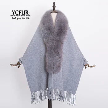 

[YCFUR] Cashmere Poncho Wrap Shawl Women Winter Warm Shawls Stoles Ladies Real Fox Fur Collar Female Pashmina Scarves Wraps