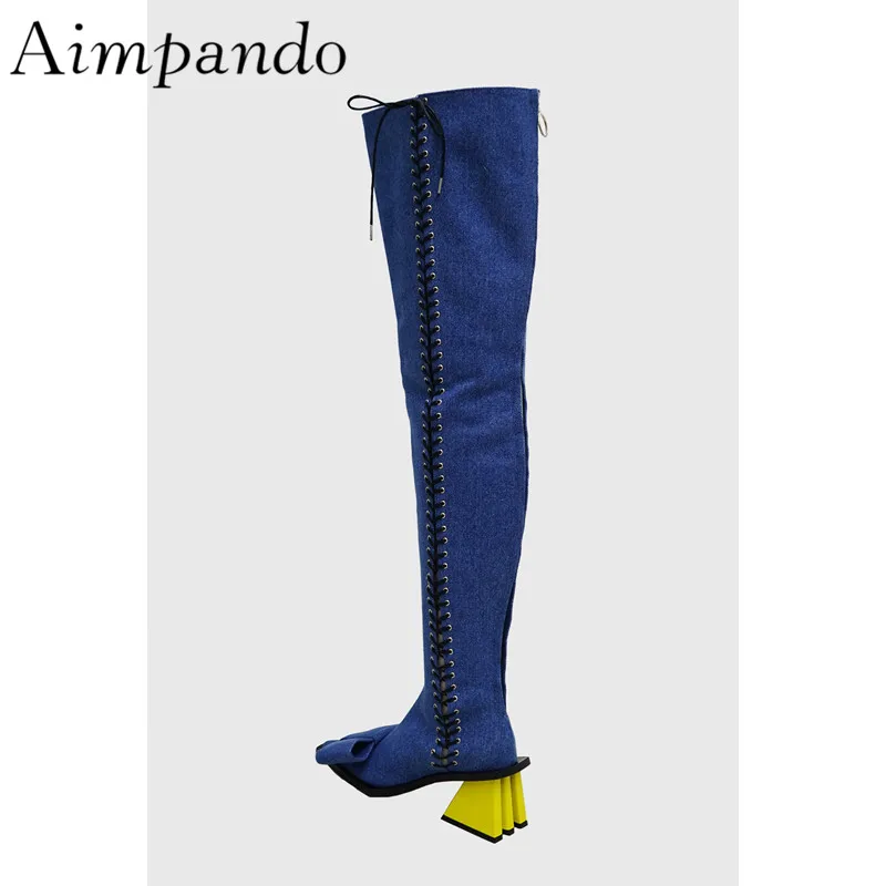 

New Fashion Cross-tied Over The Knee Boots Denim Real Leather Point Toe Butterfly-knot Strange Heel Women Boots