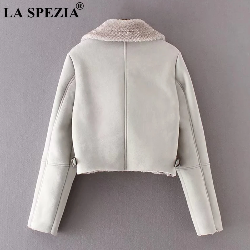 LA SPEZIA Suede Fur Coats Women Red Winter Jacket Thick Warm Female Zipper Pockets Loose Ladies Motorcycle Biker Short Jackets