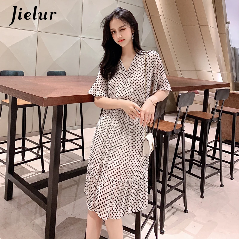 Jielur платья летние женские шифоновые в горошек для женщин элегантное платье с v