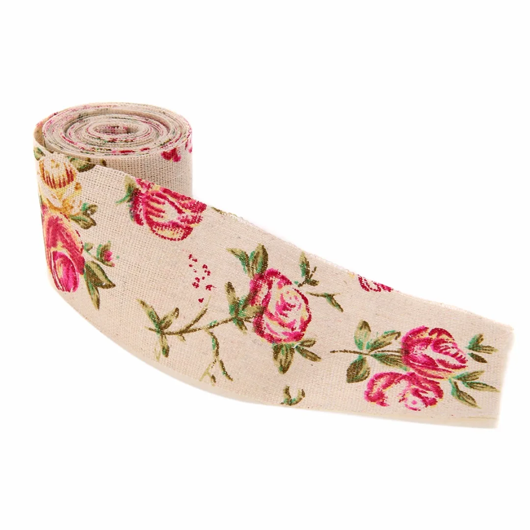 1pc 3M Vintage Rose Floral Print Burlap Hessian Ribbon Fabric Wedding Craft Decors DIY Candy Jars Table Napkin