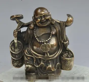 

S4955 6" chinese Buddhism Bronze wealth money coin ingot ruyi Maitreya Buddha Statue