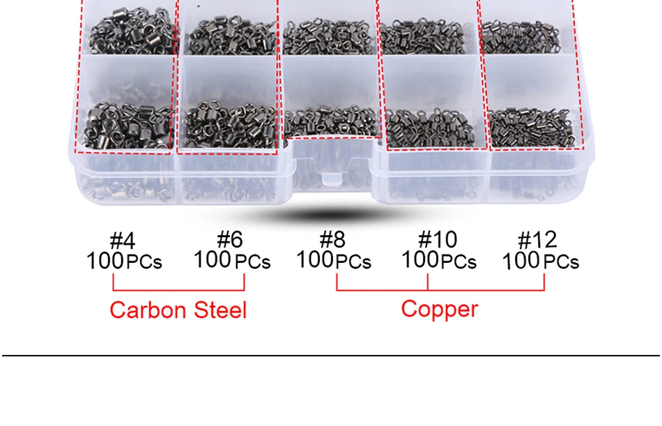 Goture 500 шт. рыболовные Вертлюги Размер 4#-12# Rolling вращающиеся твердые кольца с коробкой разъем для рыболовные крючки и рыболовные принадлежности