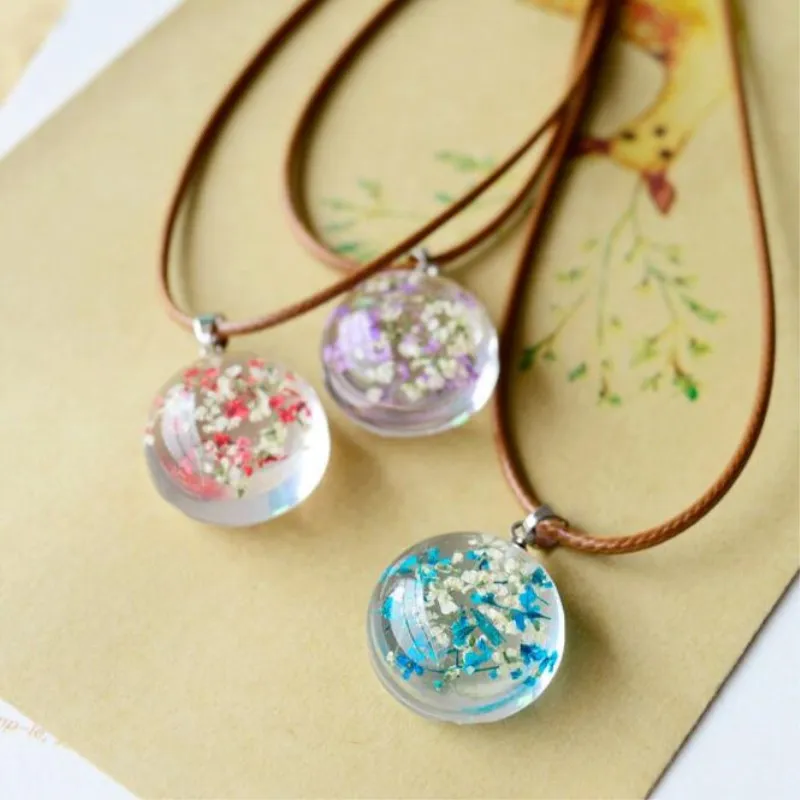 New Fashion Literary Little Fresh Floral Color Dried Flowers Handmade Jewelry Hemisphere 3 Colors Pendant Necklaces D158 | Украшения и