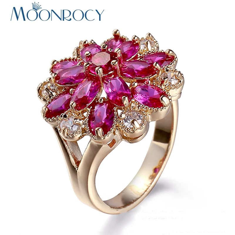 

MOONROCY Drop Shipping Cubic Zirconia Hyperbole Rose Red Crystal Promise Wedding Rings Jewelry Wholesale for Women Gift