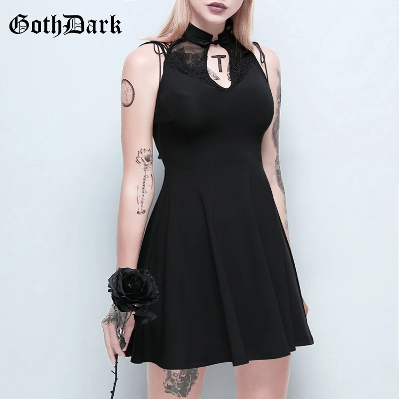 

Goth Dark Black Gothic Elegant Lace Vintage Female Dress Mesh Pleated Hollow out Bow Sleeveless Dresses Autumn 2019 Fahion Hole