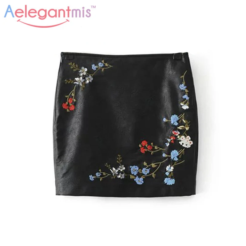 

Aelegantmis 2017 Spring Black Embroidery PU Leather Skirt Women Flower Embroidered High Waist Skirt Ladies Loose Short Skirt
