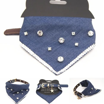 

Small Dogs Scarf Denim Rhinestone Dog Bandana Cotton Scarf Bib Grooming Accessories Triangular Bandage Collar for Pet