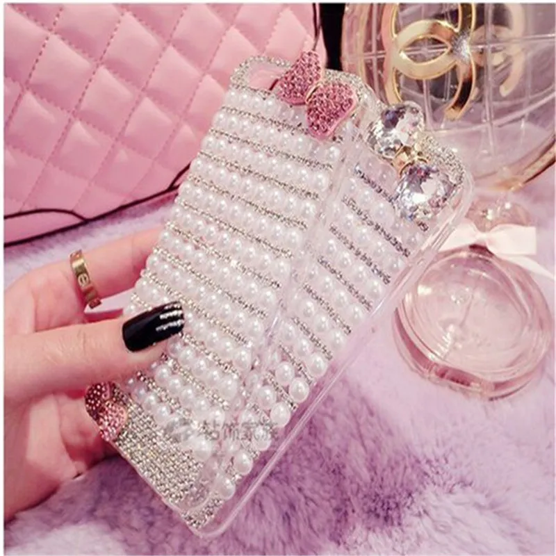 

Protect Case for iPhone 5 6 7 8 Plus X XS XR MAX Mobile Phone Plus Crystal Diamond Pearl Glitter Bow Soft Phone Case Cover