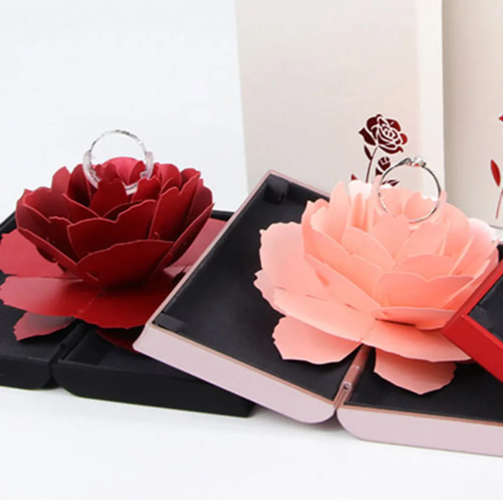 

3D Romantic Rose Flower-Shape Ring Holder Luxury Organiser Pop Up Jewelry Storage Holder Ring Box Wedding Engagement Case Bump