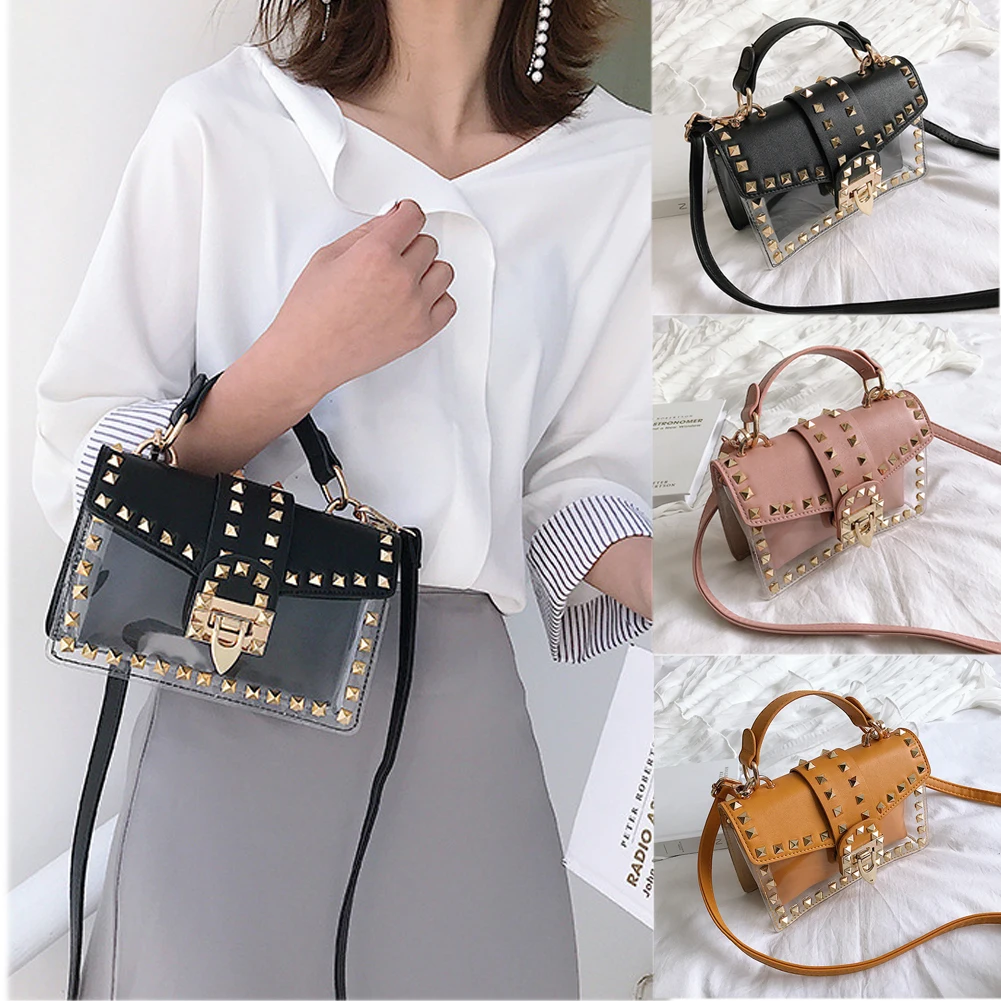 

Small clear Woman transparent bag Messenger Bag Chains Shoulder Bag Female Rivets crossbody bags for women Square PU Handbag