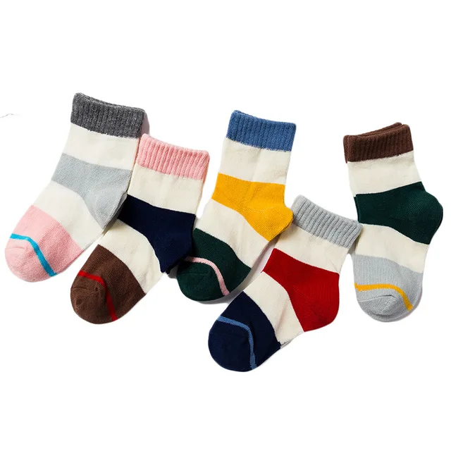 Autumn Winter New 5 Pairs Cotton Candy Colors Patchwork Sports Tube Socks Kids Girls Boys Mid