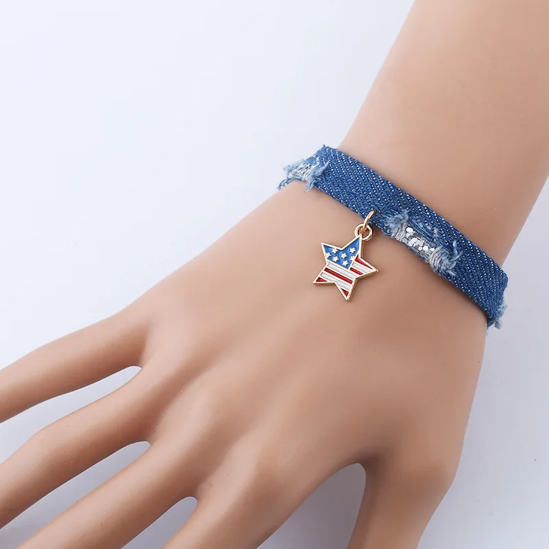 

New Enamel American Flag Star Charm Pendant Denim Bracelet Hiphop Jewelry All Match Manufacturer Directly Sell Promotional Gift