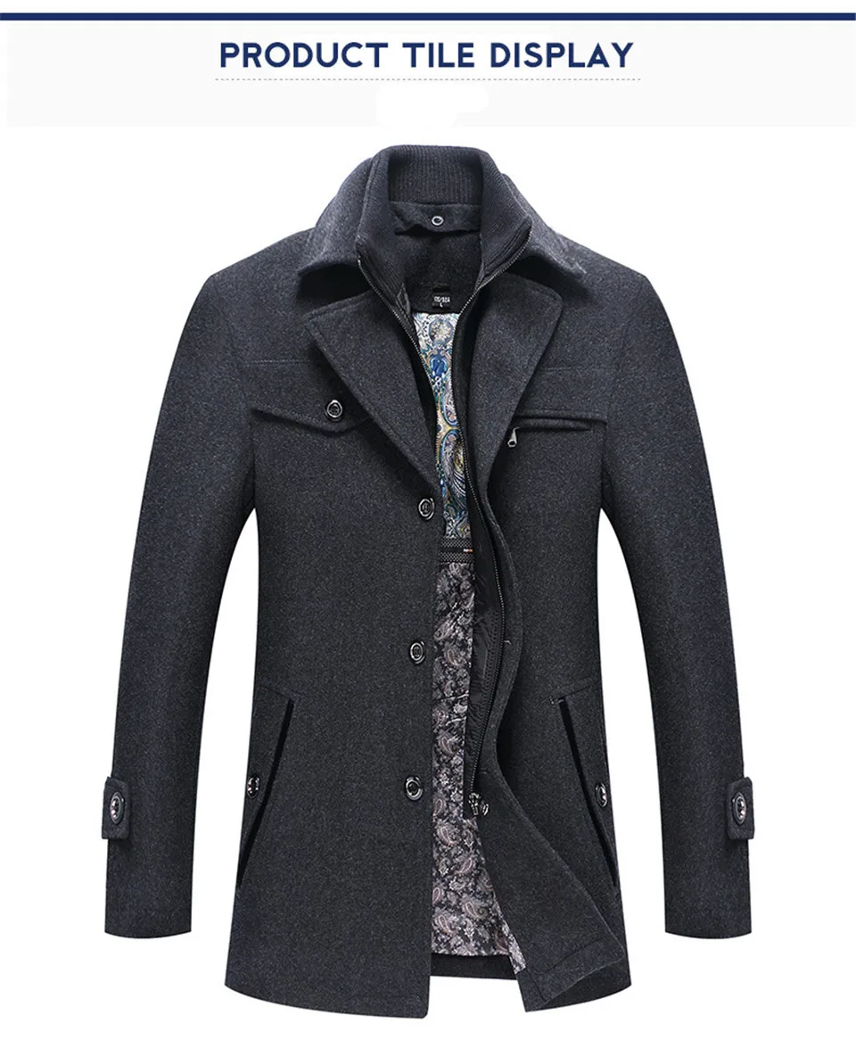 Mens Fashion Boutique Wool Pure Color Business Standing Collar Woolen Dust Coats / Male Quality Slim Leisure Trench Coats