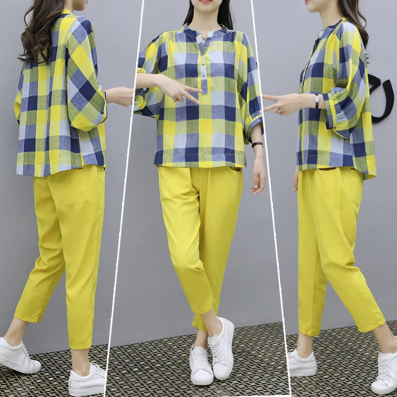 

Yellow Plaid Korean Clothing Co-ord Set Women Summer Outfits Matching Festival Two Piece Plus Size Large M-5XL Top Pant Suits