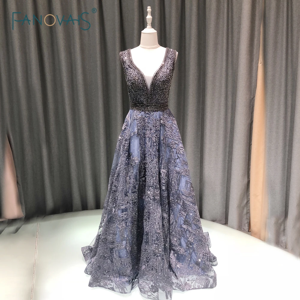 

Luxury Evening Dress 2019 A-Line V-Neck Crystal Beaded Prom Dress Long Lace Formal Evening Gown Vestido de Fiesta NE68