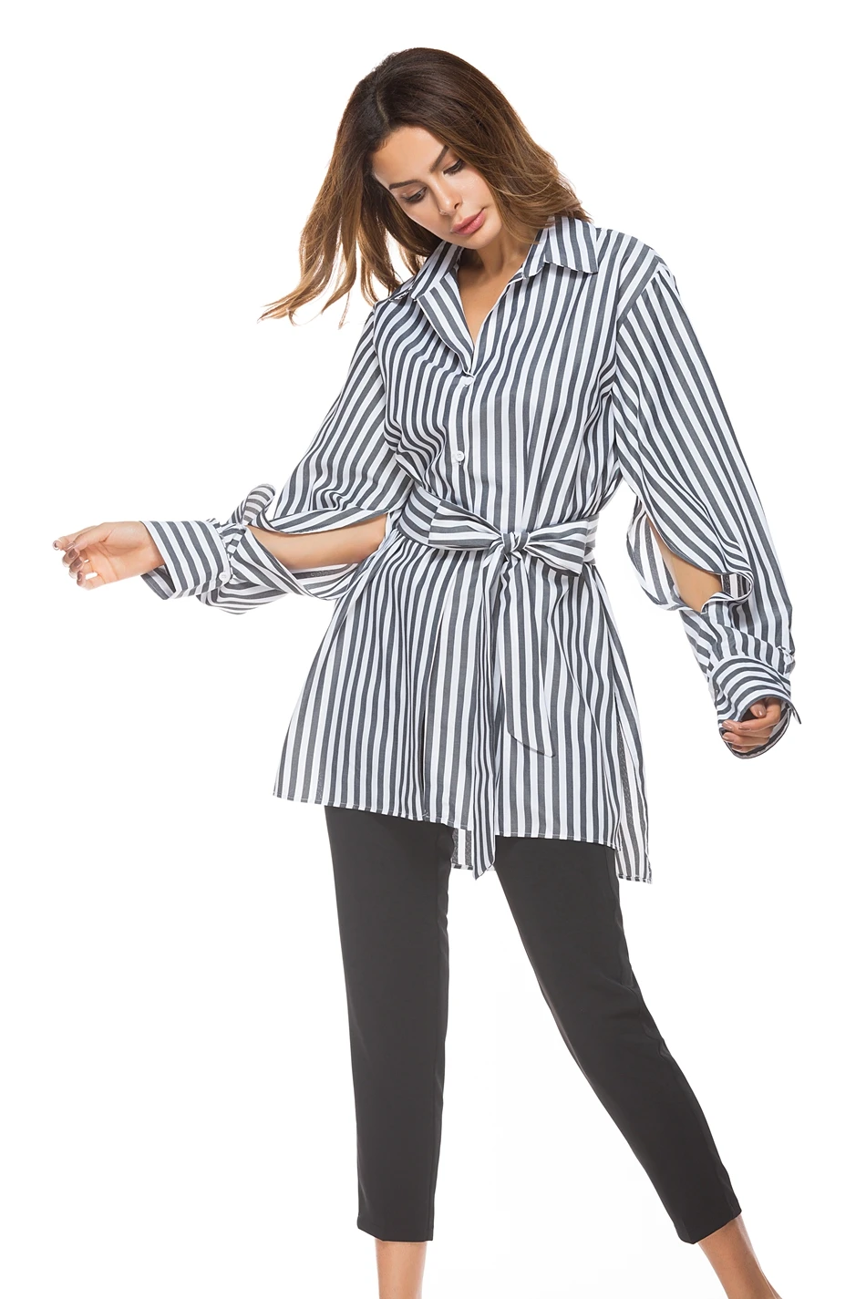 Женская рубашка в полоску черная длинная блузка с широким рукавом 8520|Блузки| |