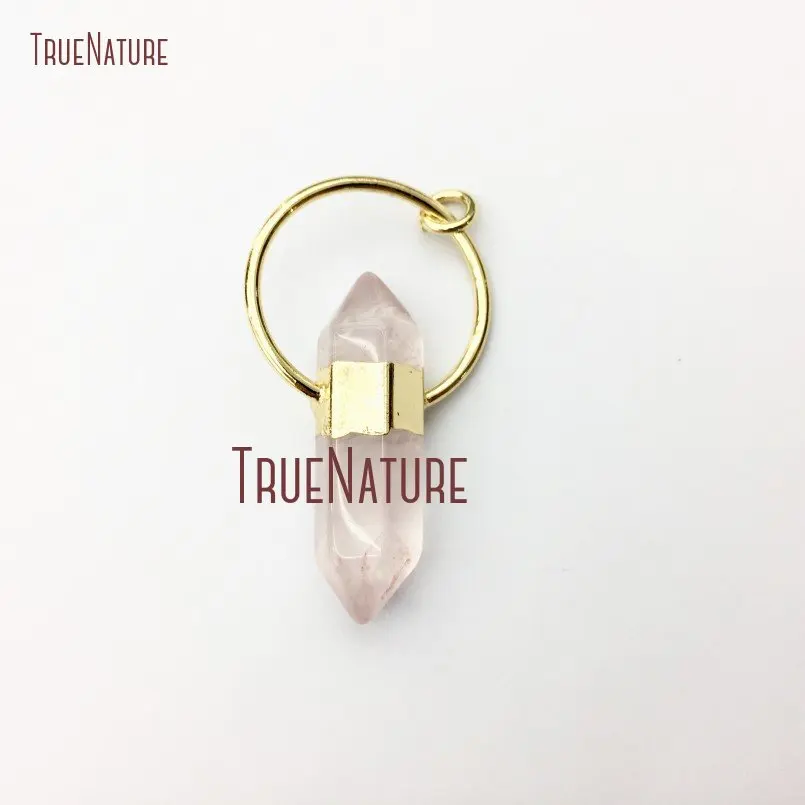 

10Pcs Rose Quartzs Pendant Gold Color Faceted Double Point Pendant 55x30mm PM14984