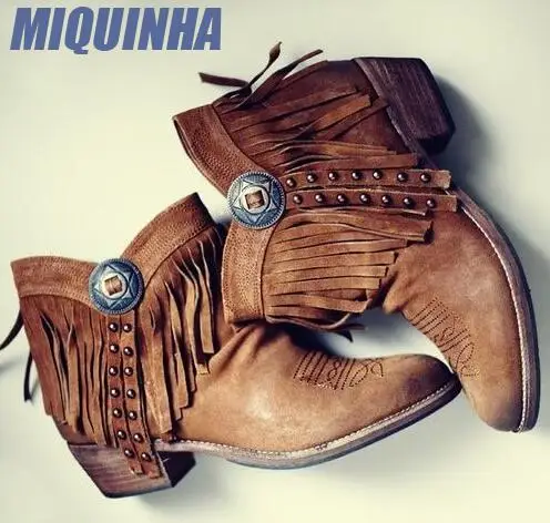 MIQUINHA Studs Cover Fringe Women Pointy Ankle Boots Fashion Camel Suede Leather Ladies West Style Boots Chunky Heel Tassel Boot