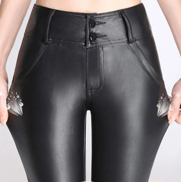 Women Shiny PVC Leather Straight Leg Pants High Waist Faux Patent