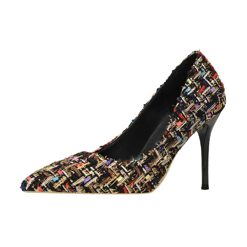 

2019 spring autumn new tweed houndstooth block high heels for woman retro fashion women shoes