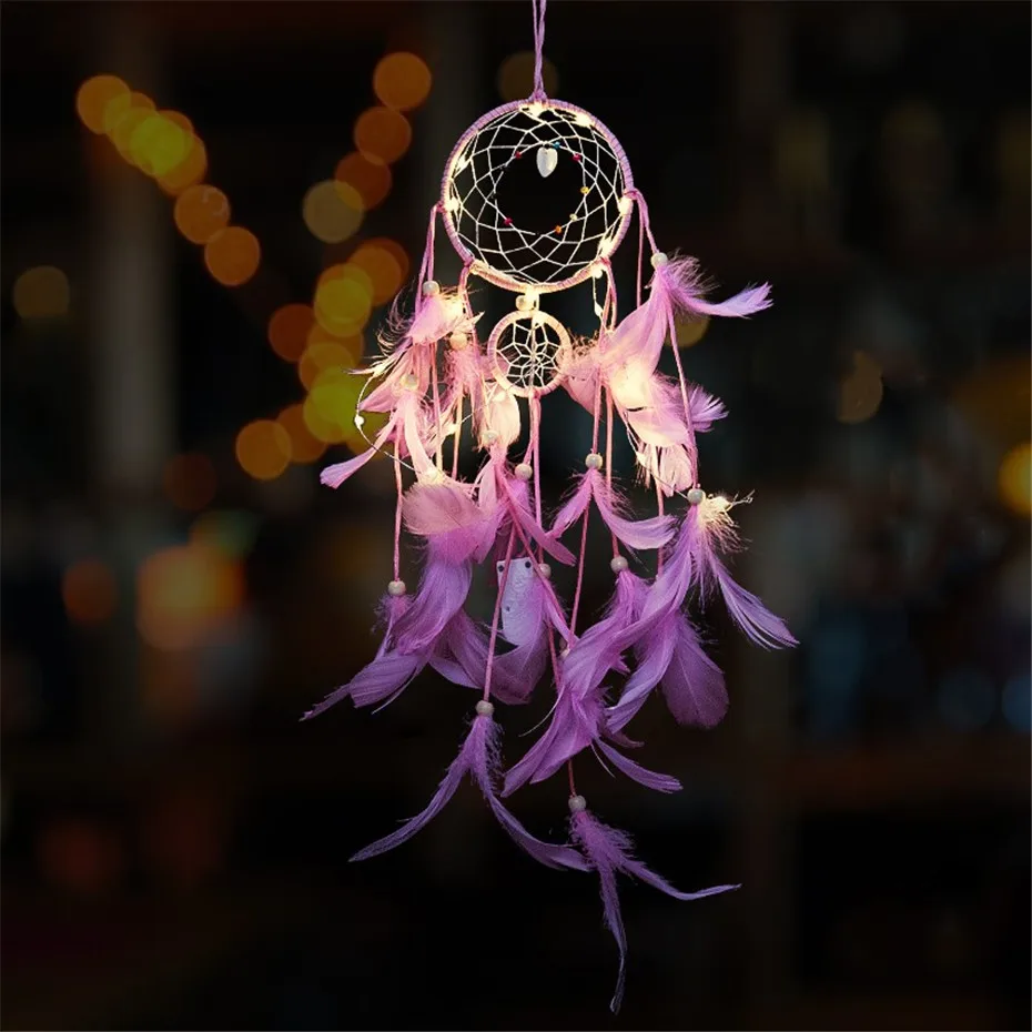 

Caught Dreams Dream Catcher Handmade Traditional Indian wall art Diameter & Long Wall hanging home decors Handmade LED lights