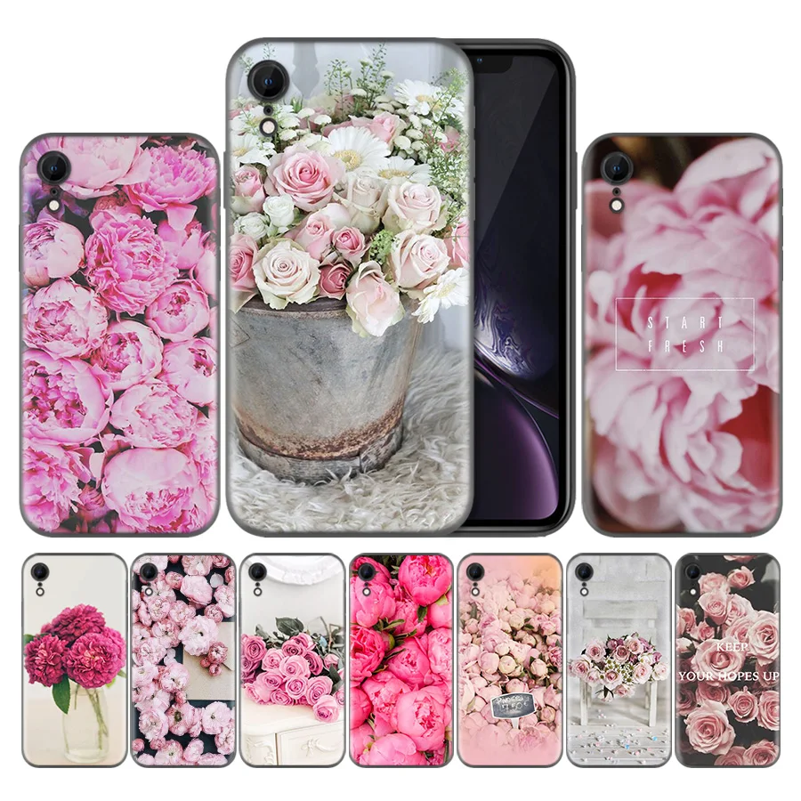 

Silicon Cover For Apple iPhone 7 7S 8 Plus X XS Max XR 5 5s SE 6 6s Soft TPU ipone Case Back Cover flower peony pink fresh peoni