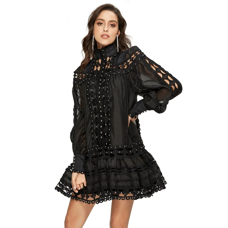 

Women Long Puff Sleeve Stand Collar Hollow Out Beaded Loose Mini Dress Female Streetwear Punk Gothic Sexy Night Club Short Dress