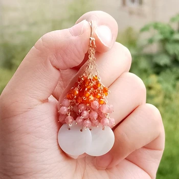 

Lii Ji Genuine Argentine Rhodochrosites Carnelian Orange Zircon Shell Earrings 925 Sterling Silver Handmade Drop Long Earrings