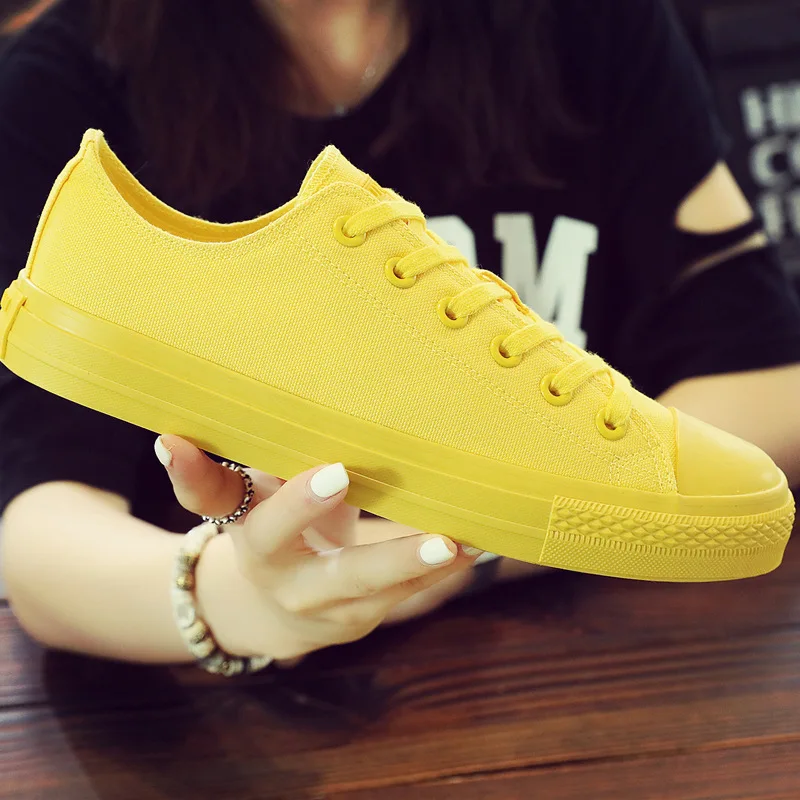 Женская Вулканизированная обувь; Женская парусиновая обувь; модные кроссовки; Цвет черный, белый, желтый; повседневная обувь; женская обувь на плоской подошве; большие размеры 35-46 - Цвет: Цвет: желтый