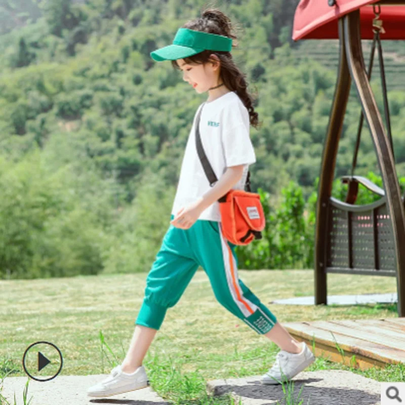 

Children 's Active Clothing Set New 2019 Spring and Summer Girls Cool 3 Print Colors 2 Piece Kids Clothes Sets Size4-14 ly320
