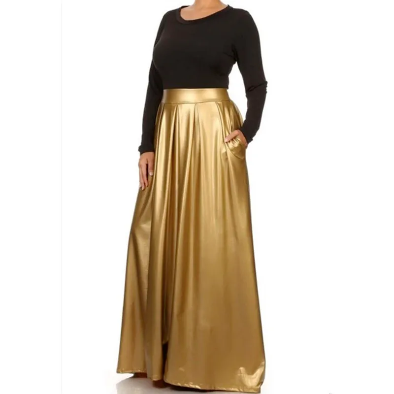 Womens Gold High Waist Skirt Long Warm Pleated Skirts Fashion Casual ...