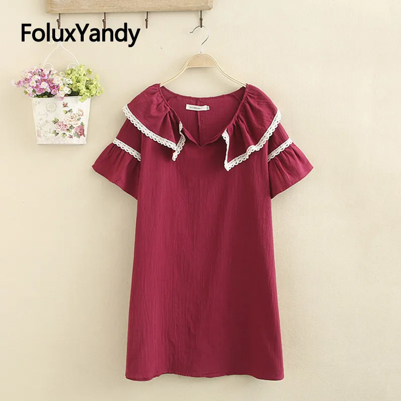 

Ruffles Lace Casual Dress New Women Peter Pan Collar Loose Short Sleeve Summer Dress Vestidos KKFY3584