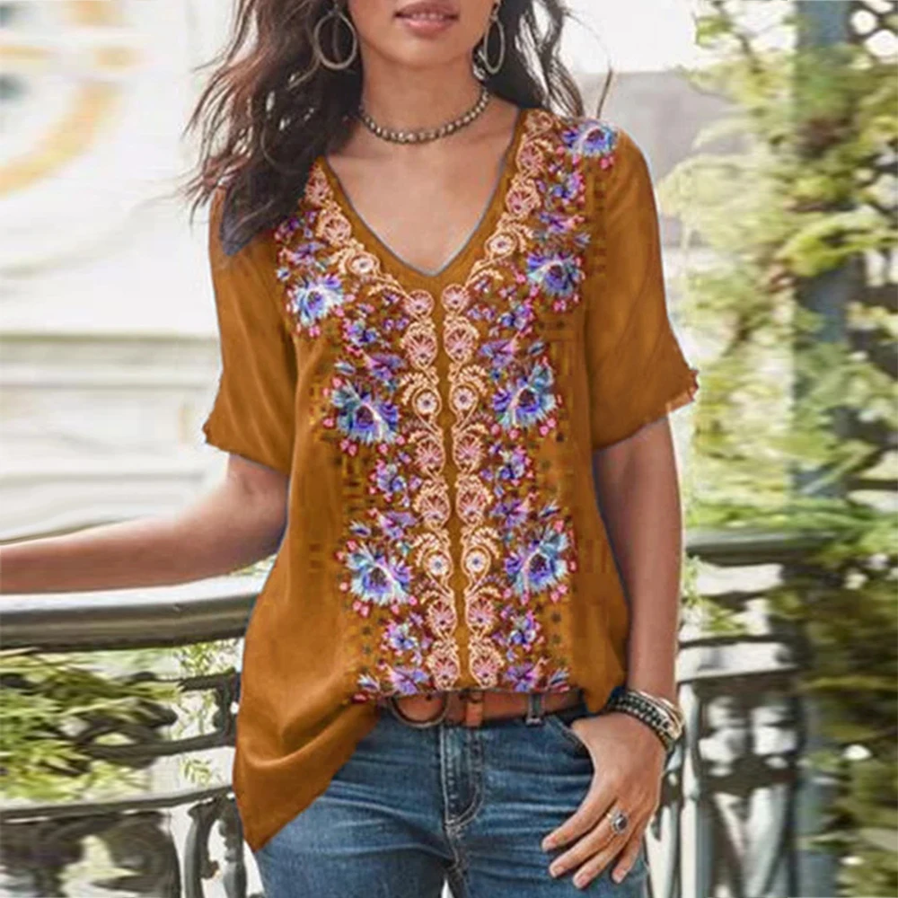 Plus Size Tunic Vintage Floral Print Short Sleeve Blouse Female V-Neck Casual Patchwork Shirt Women's Summer Blouses 2019