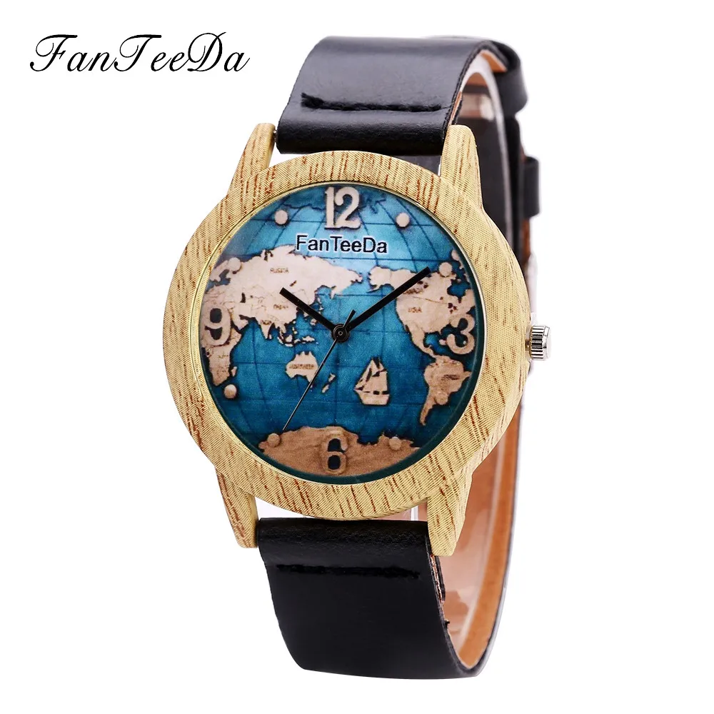 

Fashion World Map Wood Print Men Women Watches Leather Band Analog Quartz Wrist Watch Female Clock Ladies Sport Watches time