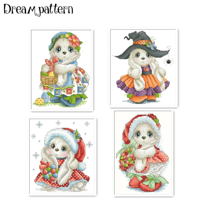 

Halloween rabbit cross stitch package Christmas wreath 18ct 14ct 11ct cloth cotton thread embroidery DIY handmade needlework