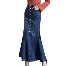 Лидер продаж Мода Длинные женские юбки футляр Высокая талия кнопка карман спереди рыбий хвост синие джинсы макси юбка тонкий литературный стиль