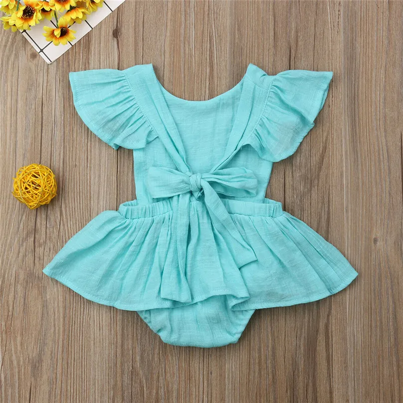 

2019 Brand New Newborn Toddler Kids Baby Girls Ruffles Short Sleeve Solid Backless Belt Jumpsuits Cotton Solid Playsuit L13