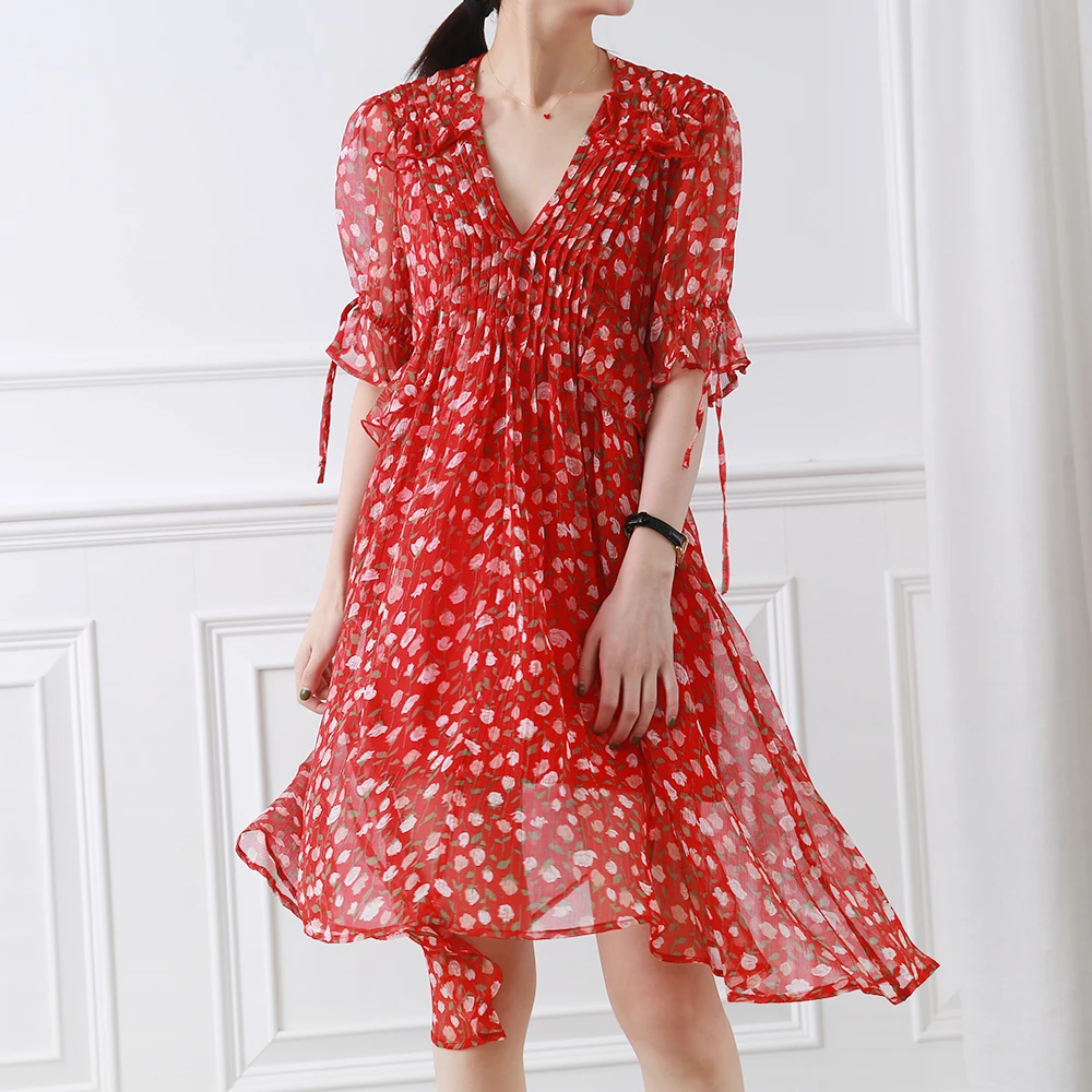 

Romantic Red Silk floral Print Short DRESS v-neck with pleats frills Short sleeved Tied Cuffs Ruffled hem