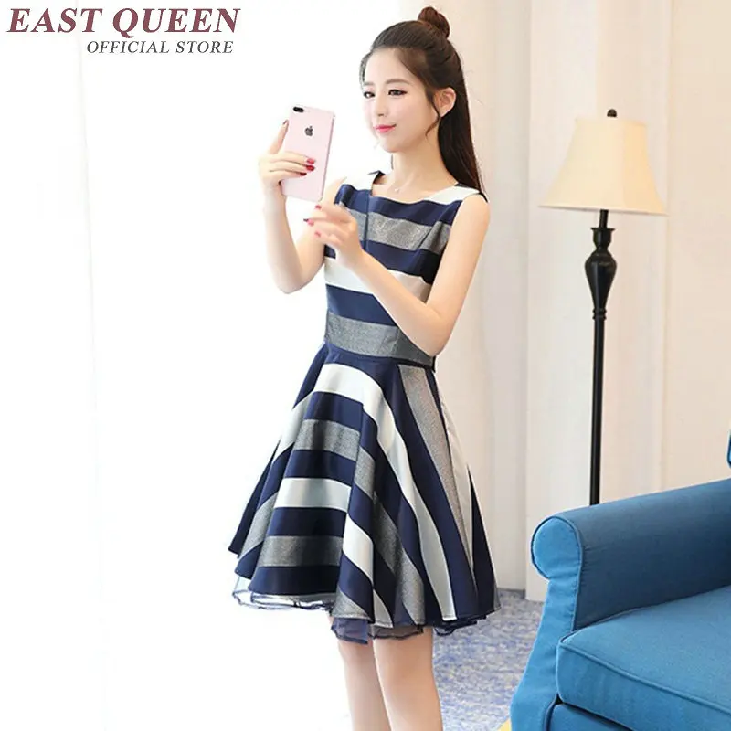 Cute Summer Dress Striped Sleeveless High Waist Appliques Women Vestidos Knee-Length Deep blue White Female Dress  NN0332 HE