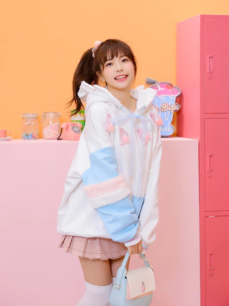 

Princess sweet lolita Hoodies Winter sweet Academy wind Colorful Hair Stitching Rabbit Embroidery bow tie Loose hoodies VC267