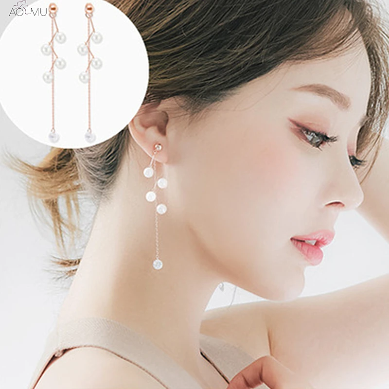 AOMU New Design Korean Elegant Z Shape Simulated Pearl Long Tassel