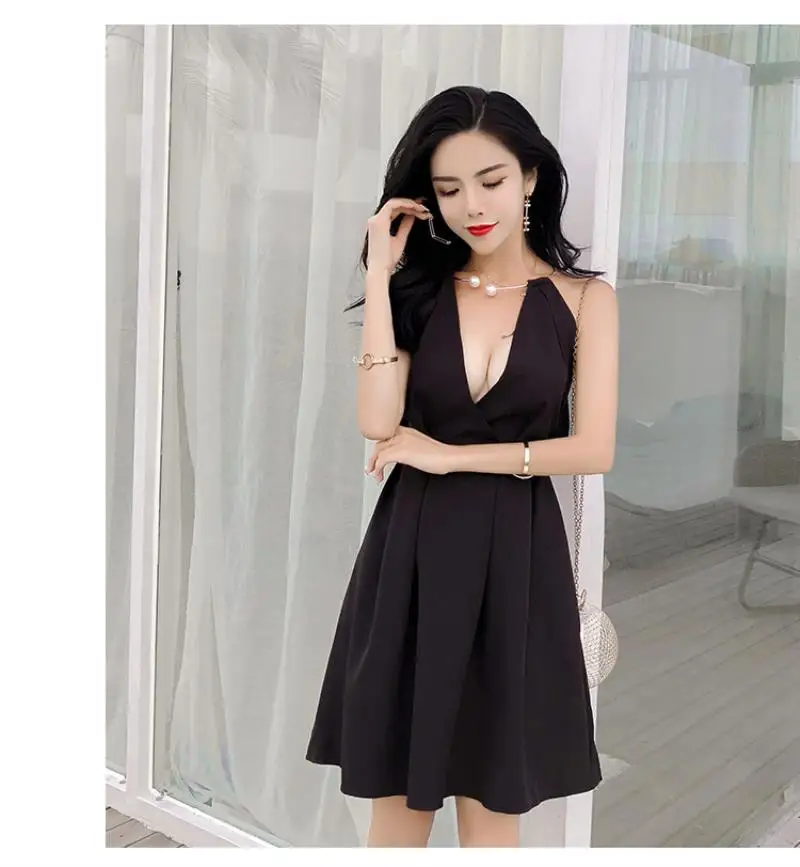 Halter Backless Sexy Women Dress Elegant Pearl Chain V Neck Sleeveless Evening Party Club Summer Dress Vestidos Female