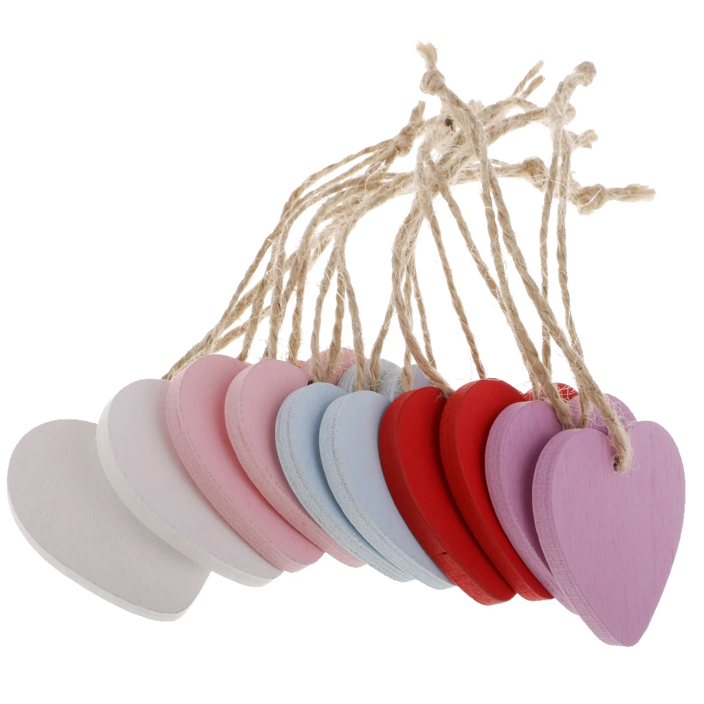 10 Pieces 145mm Long Wooden Love Heart Slices 40mm Handmade Name Tags Blank Wood Art Craft Pieces with Twine for Wedding