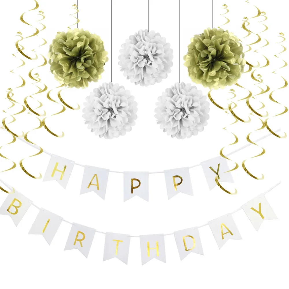 7pc (Gold White) Paper Decoration Set (Happy Birth...