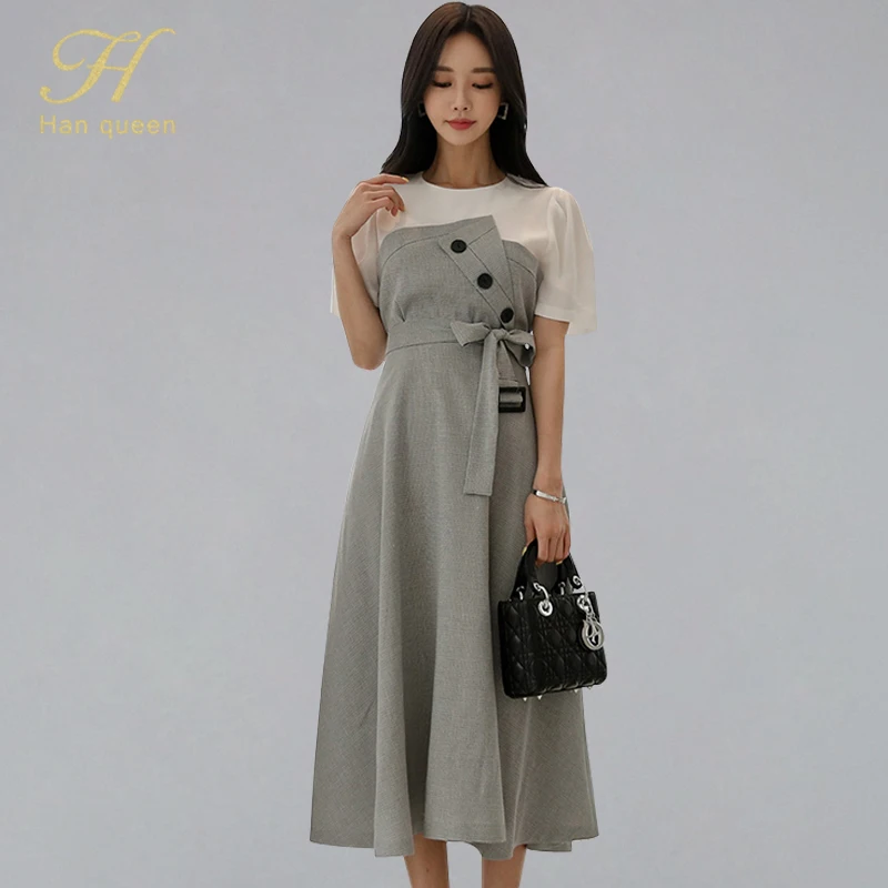

H Han Queen Elegant Patchwork Bow Bandage Ball Gown Dress Women 2019 New Summer Swing Dresses OL Casual Work Wear Midi Vestidos