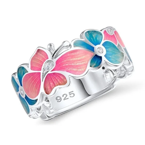 Горячая 925 стерлингового серебра эмаль цветок бабочка и Бесконечная любовь проложить голубой фианит палец кольца для женщин Свадебные украшения
