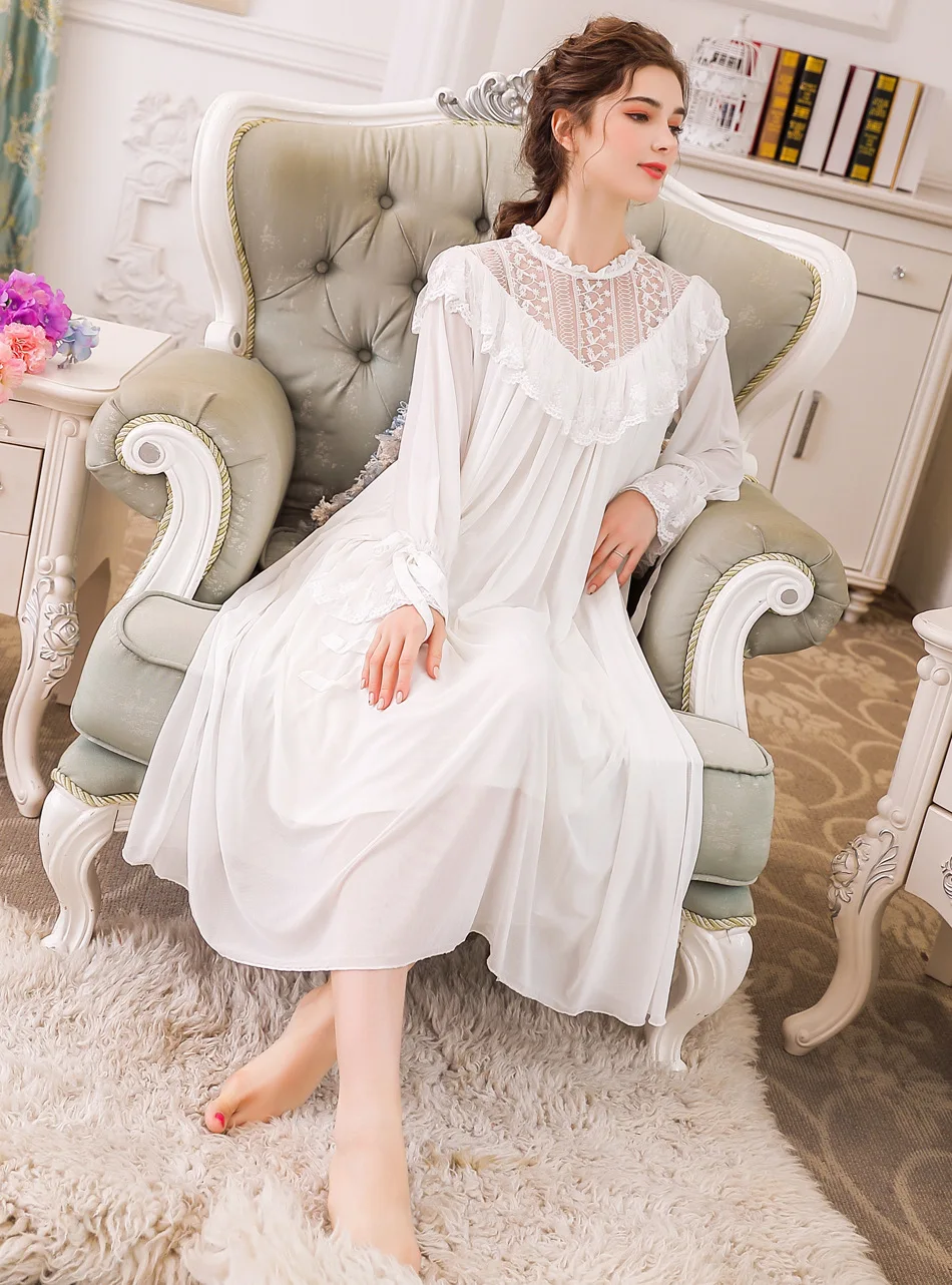 2019 викторианское свадебное платье для женщин Весенняя пижама с длинным рукавом розовая кружевная ночная рубашка хлопок ночная рубашка
